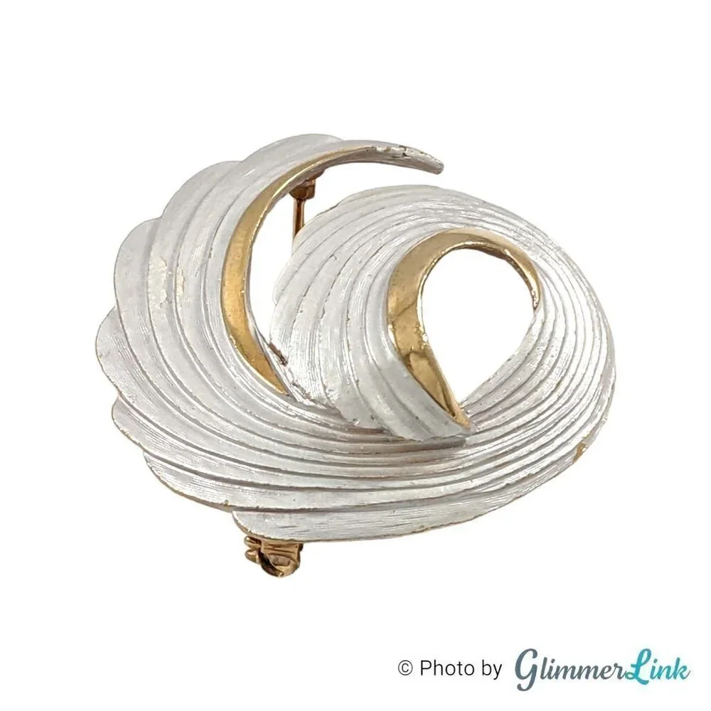 Vintage Domed Spiral White Enamel Gold Tone Brooch, Curled Wing or Leaf Pin